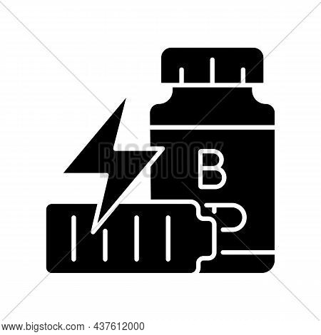B Vitamins For Fatigue Black Glyph Icon. Supplements To Combat Tiredness And Weakness. Stress And Di