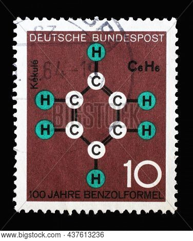 ZAGREB, CROATIA - JUNE 27, 2014: Stamp printed in Germany showing Progress in technology and science: Benzene formula by Friedrich August KekulÃ© von Stradonitz, circa 1964