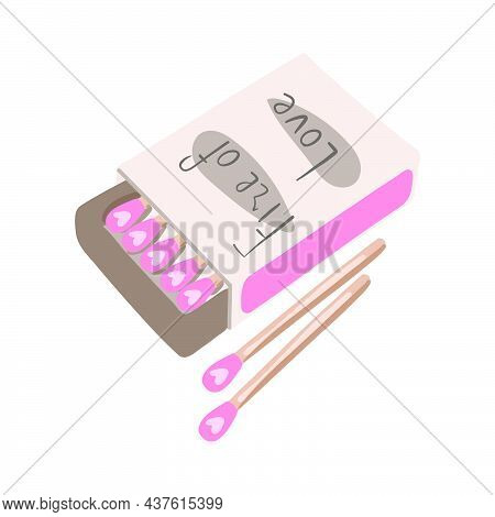Vector Matches Box, Pink Matches. The Inscription On The Packaging Is Fire Of Love. Hand-drawn Carto
