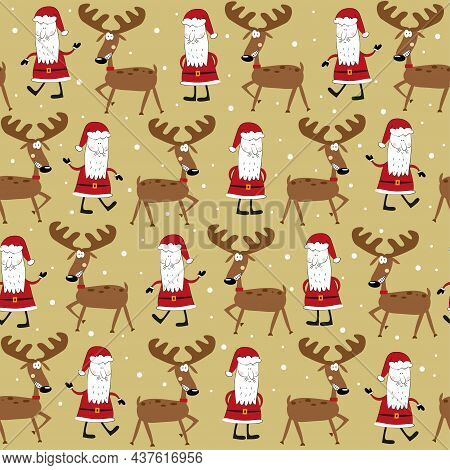 Santa Claus And Reindeer Seamless Pattern For Christmas. Good For Textile Print, Wrappig Paper, Cove