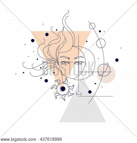 Surreal Abstract Female Face With Moon, Sun And Planets, And Geometric Shapes And Lines On A White B