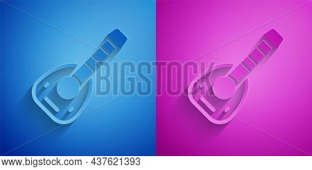 Paper Cut Musical Instrument Lute Icon Isolated On Blue And Purple Background. Arabic, Oriental, Gre