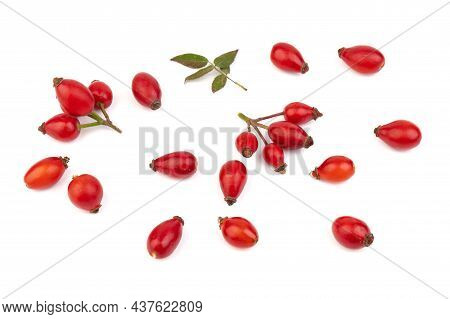 The Rosehip Isolated On White Background. Fresh Raw Berries With Leaves.