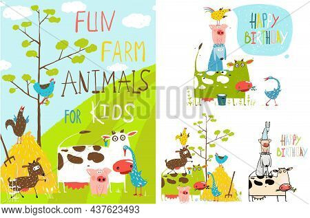 Farm Animals Happy Birthday Greeting Card. Hand Drawn Cow, Rooster, Goat, Pig And Goose In The Field