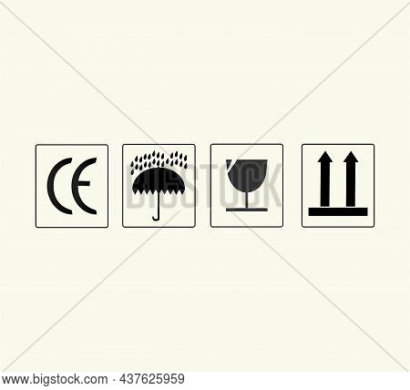 Black Fragile Symbol On Cardboard - Vector Set Of Different Black Cargo Symbols Isolated On White