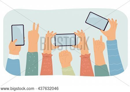 Peoples Hands Up With Phones On Concert Show Or Party. Group Of People Holding Smartphones To Take P