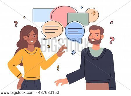 Talk Conversation Concept. Man And Girl Discussing Problems. Speaking Dialog, Bubbles. Characters Sh