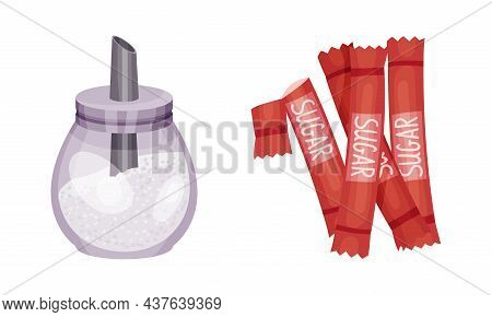 Refined White Sugar In Glass Container And Package As Sweetener For Food And Drink Vector Set