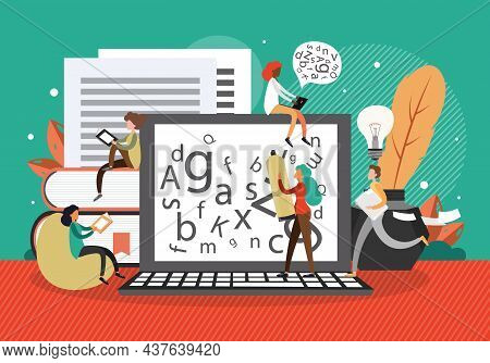 People Writing Reading Poetry, Prose, Vector Illustration. Literature And Culture, Poetry Art, Onlin