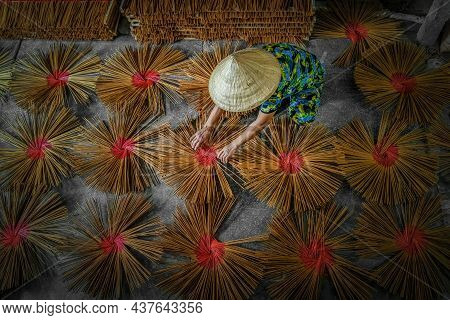 Top View Of Vietnamese Working With Red Incense In House At Long Xuyen, An Giang Province, Vietnam,t