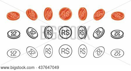 Brazilian Coins. Rotation Of Icons At Different Angles For Animation. Coins In Isometric. Vector Ill