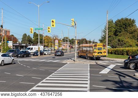 Ottawa, Canada- October 6, 2021: Crossroads Of Baseline And Greenbank Roads In Ottawa City With Traf