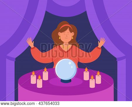 Mystery Fortune Seer With Crystal Ball And Candles On Table. Cartoon Female Fortuneteller Or Wizard 