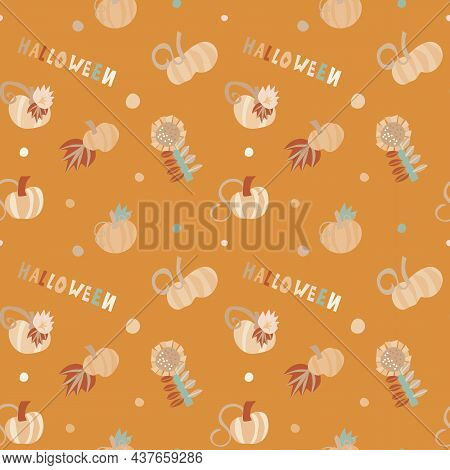 Seamless Vector Pattern In Autumn Colors With Halloween Elements Such As Pumpkins, Sunflowers, Etc. 