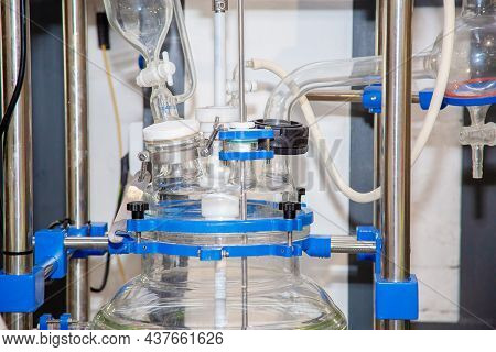 A Laboratory Glass Reactor Stands In The Laboratory. Large Flask For Chemical Processes, Experiments