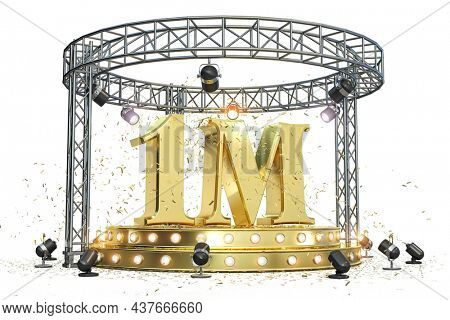 1M One million followers celebration. Number 1M on the stage with spotlight and confetti. 3d illustration 