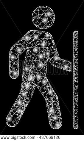 Sparkle Network Hiking Man With Glowing Spots. Vector Frame Based On Hiking Man Icon, And With Inter