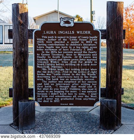 Pepin, Wi, Usa - October 23, 2021: Sign At Laura Ingalls Wilder Park, Named After Author And Pioneer