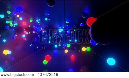 3d Render. 3d Abstract Creative Background With Neon Glow Multi-colored Spheres Inside Camera, Refle