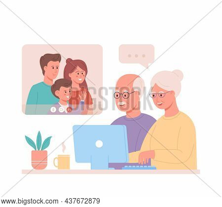 Grandparents Call Parents And Little Son From A Laptop. Online Chat, Video Call, Remote Communicatio
