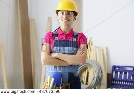 Portrait Of Woman Forewoman At Construction Project, Control Progress At Work, Finish Modern Renovat