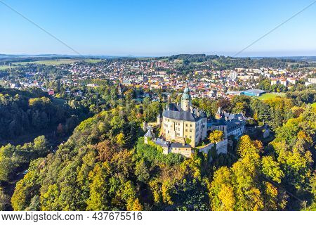 Chateau And Castle Frydlant On Sunny Autumn Day. Frydlant V Cechach, Czech Republic. Aerial View Fro