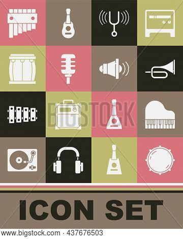 Set Dial Knob Level, Grand Piano, Trumpet, Musical Tuning Fork, Microphone, Drum, Pan Flute And Spea