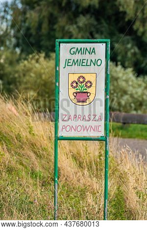 Ciechanow, Poland - August 08, 2021. Information Board About Gmina Jemielno - Principal Unit Of The 