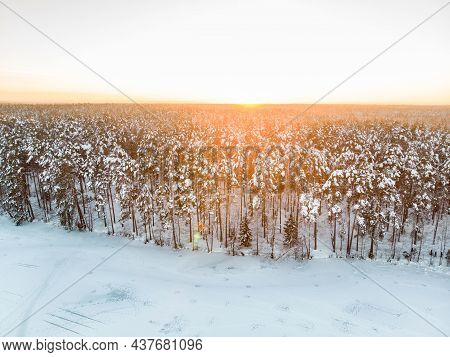 Beautiful Aerial View Of Ice Covered Balzis Lake. Snowy Pine Forests Surrounding A Small Lake. Rime