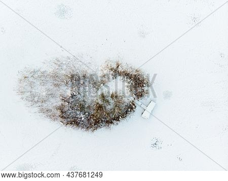 Beautiful Aerial View Of Snow Covered Pine Forests Aroung Gela Lake. Rime Ice And Hoar Frost Coverin