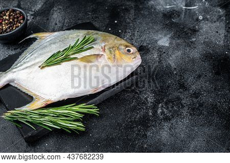Raw Fish Pompano With Herbs On A Marble Board. Black Background. Top View. Copy Space