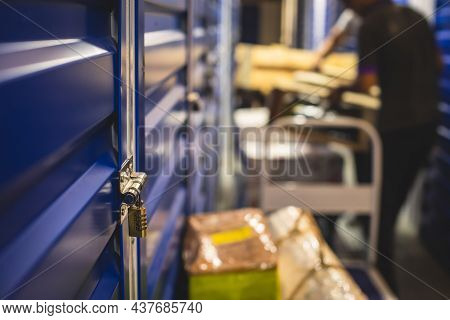View Of Self Storage Warehouse, Process Of Keeping And Storing The Goods And Items In Storage Units,