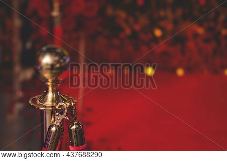 View Of Red Carpet Between Ropes And Golden Barriers On A Luxury Party Entrance, Cinema Premiere Fil