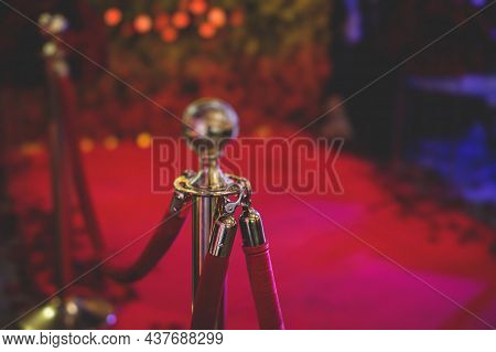 View Of Red Carpet Between Ropes And Golden Barriers On A Luxury Party Entrance, Cinema Premiere Fil