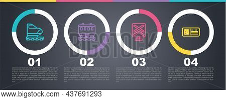 Set Line High-speed Train, Passenger Cars, Railroad Crossing And Qr Code Ticket. Business Infographi