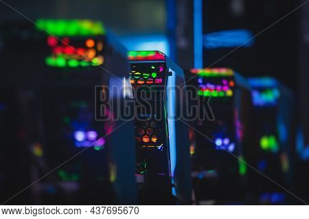 View Of Gaming Pc With Rgb Led Lights, Powerful High End Personal Computer, Assembled With Hardware