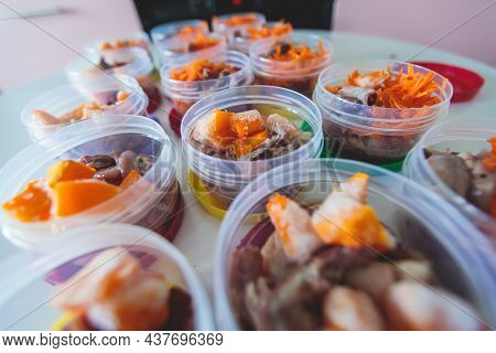 Process Of Preparing Bowls With Natural Raw Pet Dog Food At Home, Preparation Of Healthy Raw Barf Fo