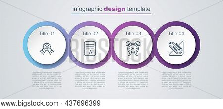Set Line Medal, Exam Sheet With A Plus Grade, Alarm Clock And Paper Clip. Business Infographic Templ