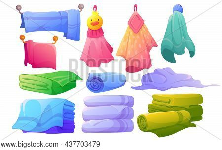 Soft Fabric Towels Hanging On Dryer, Lying, Folded In Stack And Rolled. Vector Cartoon Set Of Cloth 