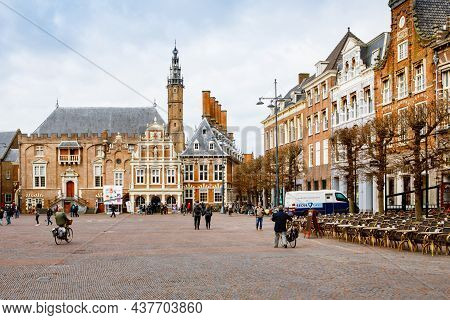 Haarlem, Netherlands, April 4, 2018 - Cityscape Of Haarlem, The Netherlands. View Of Church And Typi