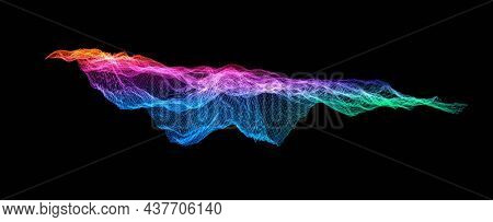 Data modelling. Colorful three dimensional surface of complex data subjects or models. rainbow like wire frame mesh on black background. Data visualization.  3D illustration, 3D rendering.