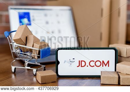 Kazan, Russia - Oct 27, 2021: Jd.com Is A Chinese E-commerce Company. Smartphone With Jd.com Logo On