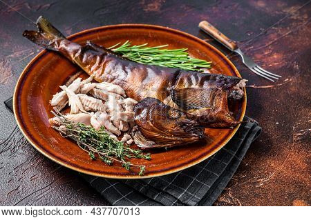 Fillet Of Hot Smoked Fish Perch In A Rustic Plate With Thyme. Dark Background. Top View