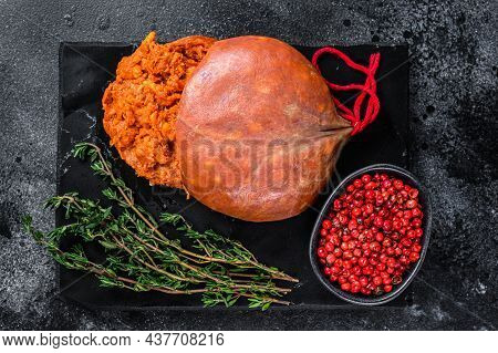 Balearic Sobrassada Cured Meat Sausage From Ground Pork, Paprika And . Black Background. Top View