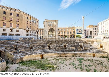 Lecce,italy - September 3,2021 - The Roman Amphitheatre In The Streets Of Lecce. Lecce Is A Historic