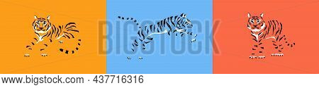 Vector Illustrations Set Of Tiger Silhouette On Colorful Background. Wild Animal Sign. Abstract Wild