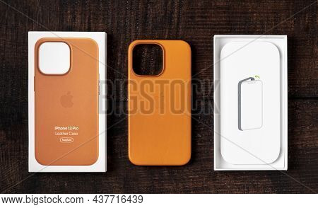 Antalya, Turkey - October 28, 2021: Newly Designed Golden Brown Magsafe Leather Case For Apple Iphon