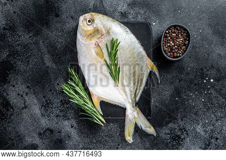 Raw Fish Pompano With Herbs On A Marble Board. Black Background. Top View