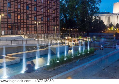 Bydgoszcz, Poland - July 25, 2021: Fountains At Rother Millson On Mill Island At Night.