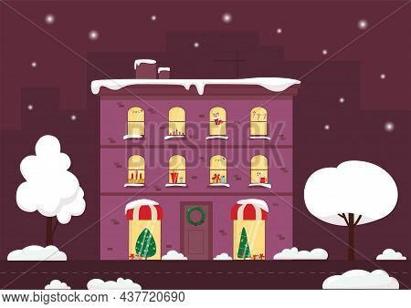 Urban Christmas House, City Downtown With Winter View Street. Background For Animation Advertising R